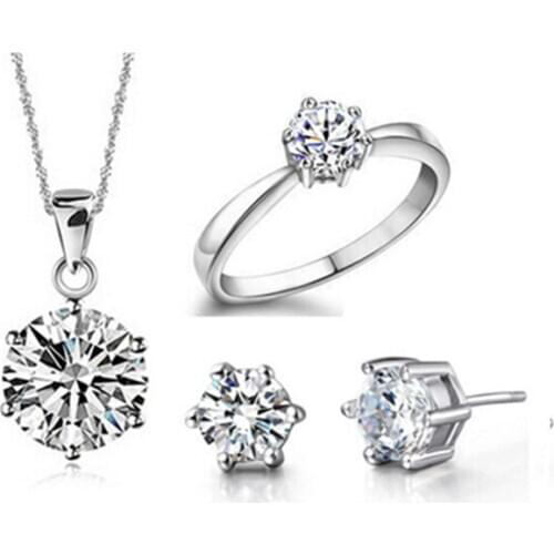 Promotion Necklace Earrings Set Women Bride Wedding Accessories Trendy 925 Silver Ring 8 9# Finger Ring Silver Female Adjustable