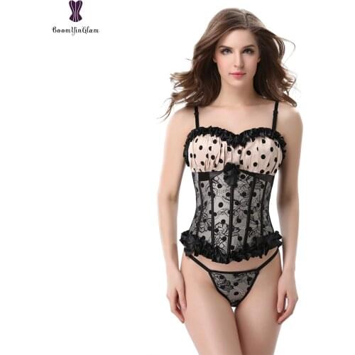 Lace Cover Corset Ruffle Cup Push Up Bustier Overbust Gorset Black Polka Dot Korset Sexy Mature Red Pink Korsett For Women Zip