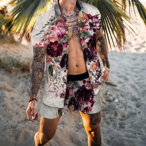 Summer Mens New Hawaiian Print Style Fashion Trend Beach Shirt Suit Loose Casual Thin-Sleeved Top Shirt Shorts Two Pieces Set