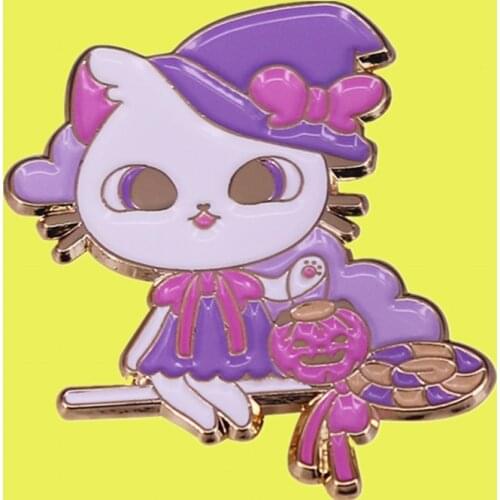 Sweet Witch Cat girl on a broomstick Kitty Magic Wand Halloween Enamel Pin brooch