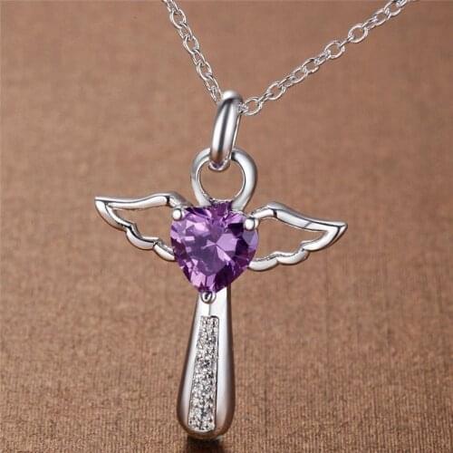 Fashion Wing Pendant Clear Zircon Cross Angel Necklace Crystal Stone Colorful Silver Plated