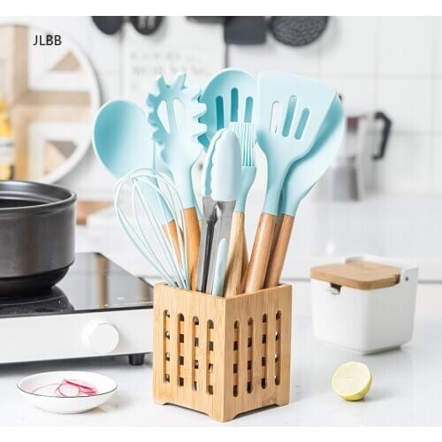Silicone Cooking Utensils Set Non-Stick Spatula Soup Spoon Wooden Handle with Storage Box Kitchen Tools Set Gifts for Mother