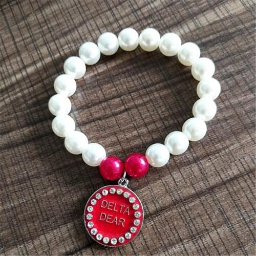 New Handmade Stretch Greek Sorority Label Delta Dear Charm Pearl Bracelets For Women