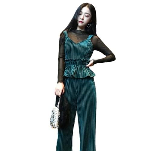 Autumn Velvet 3 Piece Outfits For Women Vintage Lotus Leaf Top&pants Set Trendy Ensemble Femme Matching Sets Office Lady Suits