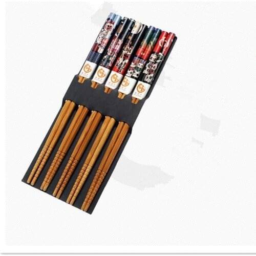 Reusable 5 Pair Set Handmade Bamboo Japanese Natural Wood Chopsticks Sushi Food Cat Flower Multi color Wooden Chop sticks