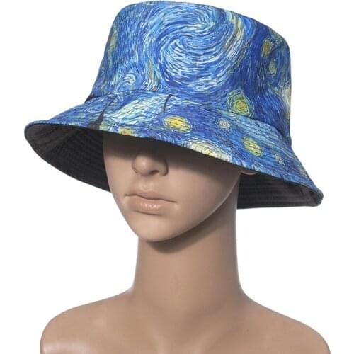 Bucket Hat Unisex Blue Van Gogh Starry Sky Pattern Caps Art Men Women Spring Summer Beach Sun Fishing Two-sided Wear Hat Gift