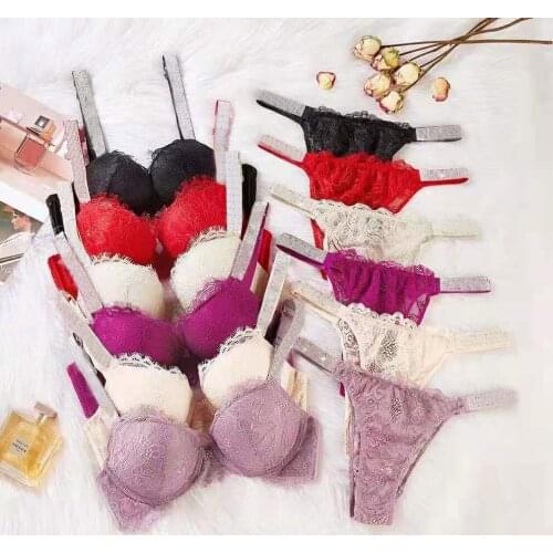 Sexy Women Lace 2Pcs Push Up Solid Bra Set Rhinestones Letter Two Pieces Intimate Suit Elegant Ladies Lingerie Underwear