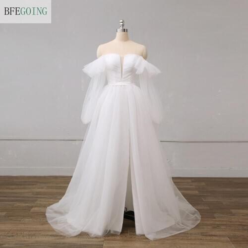 Ivory Tulle Off the Shoulder Long Sleeves Bridal gown Floor-Length A-line Wedding dress Court Train Custom made