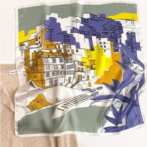 100% Pure Silk Scarf Women Fashion Print Square Foulards Small Neckerchief Female Bandana Hijabs Silk Head Scarves Wraps 53CM