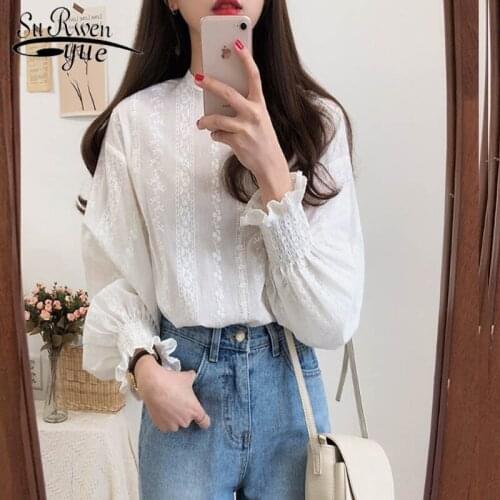 Casual white Tops Embroidery Lace Shirt Spring Women Long sleeve Linen Cotton Girls Blouse Plus Size Women Blouses 6874 50