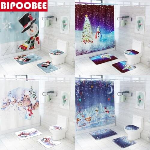Ice World 3D Print Shower Curtain Sets Non-Slip Rugs Toilet Lid Cover and Bath Mat Merry Christmas Snowman Bathroom Curtains