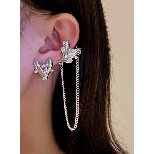 VSnow Sweet Shiny Love Heart Pearl Clip Earrings for Women Temperament Silver Color Metal Long Tassel Rhinestone Earring Jewelry