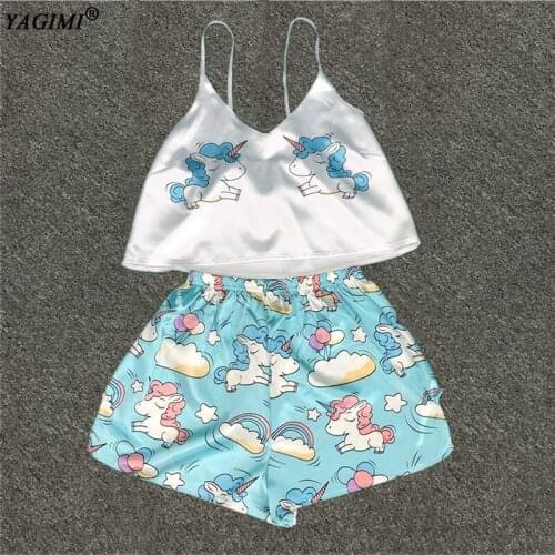 YAGIMI Unicorn Print Pajamas for Woman Silk Sexy Pijamas Women Sleepwear Satin Summer Pyjama Femme V Neck Home Suit 2020