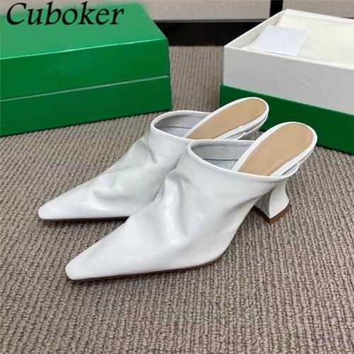 2021 Brand Runway High Heel Women Sandals Genuine Leather Slides Ladies Summer Party Dress White Black Strange Heel Shoes Woman