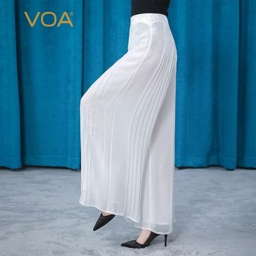 VOA Silk Georgette White Stitching Tucker Pleat Decorative Bag Loose Temperament Slim Elegant Wide-leg Pants for Women KE328