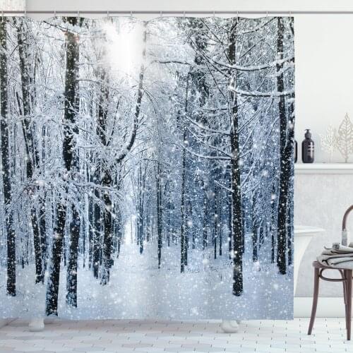 Winter Shower Curtain Set Snowing Wonderland of Forest Photo Curtain for Bathroom Decor 12 Hooks Decorative Bath Accessory