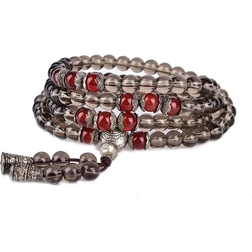 Asingeloo Tibetan Buddhist Handmad Natural Smoking Quartz Stone Prayer Beads Buddha Bracelet Rosary Bracelets Men Jewelry