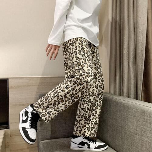 Spring New Leopard Print Casual Pants Mens Korean Fashion Loose Straight Pants Men Harajuku Streetwear Wide Leg Pants Men