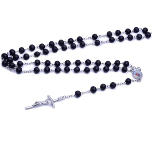 QIGO Black Wood Beads Strand Necklace Long Cross Rosary Necklace Catholic Prayer Jewelry