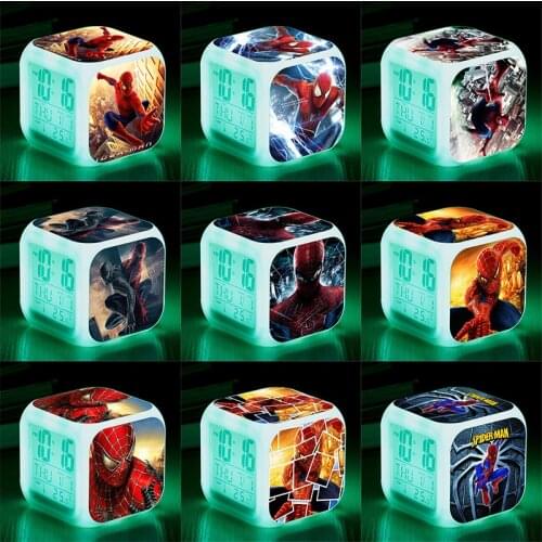 Disney Spiderman Colorful Color Changing Alarm Clock LED Creative Small Alarm Clock Cute Luminous Digital Alarm Clock Kids Gift