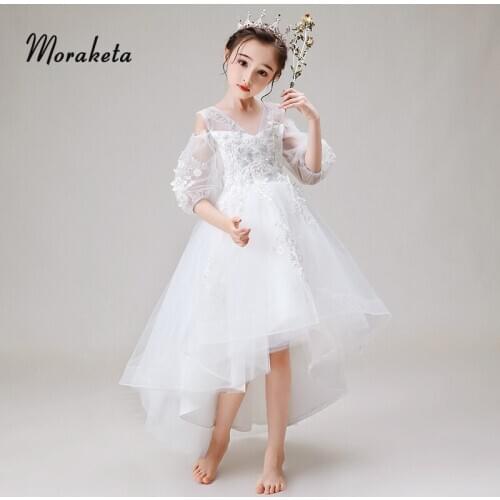 Elegant V-neck Shoulder Straps Off The Shoulder High Low Birthday Dresses For Kid Princess White Tulle Flower Girl Dresses