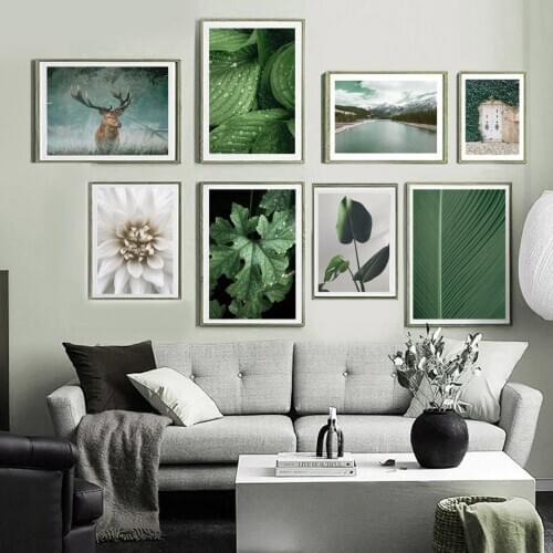 Dahlia Plant Leaf Deer Mountain Lake Wall Art Canvas Painting Nordic Posters And Prints Wall Pictures For Living Home Room Decor