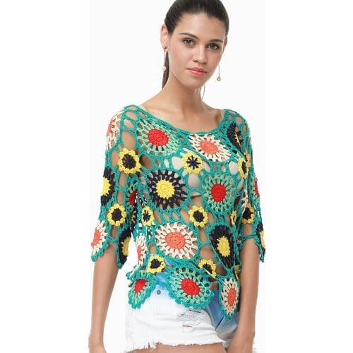 H80&S90 New 2019 Women Sexy Handmade Crochet Hollow Out Hook Floral Ladies' Beach Cover Up Blouse Shirt Loose Casual Pullover