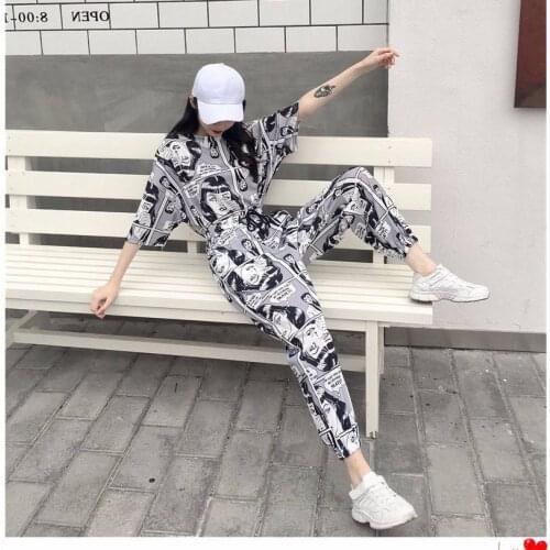 Summer Women ladies Amine T Shirt Short Sleeve Cartoon Print T Shirt Sets Pullover fleece Harajuku Tracksuits Tee Shirts Women