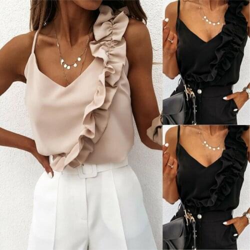Womens Summer Strappy V Neck Vest Tops Womens Ruffled Tank Cami Blouse Shirt New