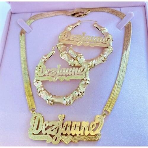 AurolaCo Custom Name Jewelry Set 3D Double Nameplate Necklace Snake Chain Custom Name Earrings for Women Holiday Gifts Wholesale