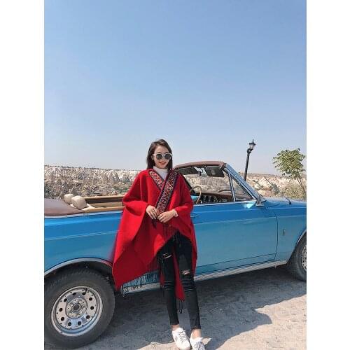 New Woman Red Hooded Cape Poncho Autumn Winter Embroider Collar Knitted Sweater Outdoor Wear Tassel Cardigan Coat For Female
