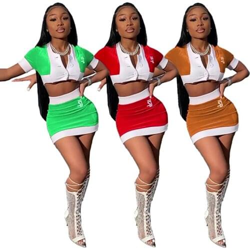 Custom Logo dress women sexy 2 piece skirt short sleeve crop top women skirts two piece jersey set for women
