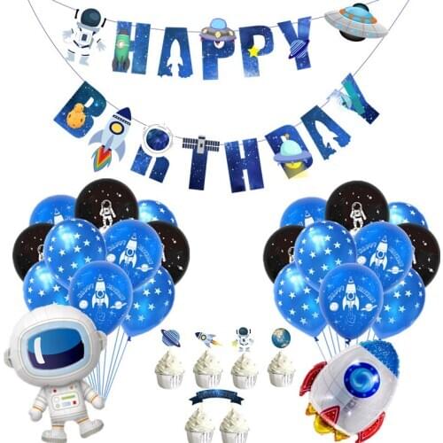 Space Series Themed Party Astronaut Planet UFO Rocket Earth Cake Topper Balloons Birthday Banner Boy Birthday Party Decorations