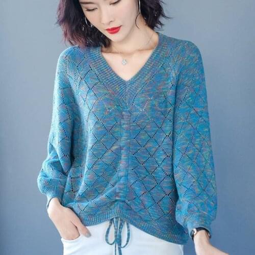 Summer Hollow Out Thin Women Knitted Pullover Tops Fashion Sweater Female Long Sleeve Cool Femme V-Neck Pullover NS4749