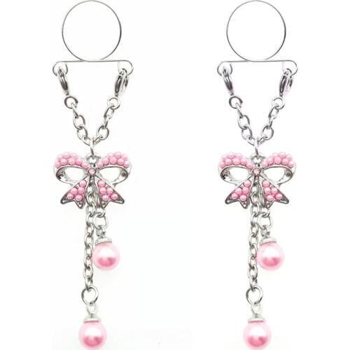 Pink Bow Non pierced Clip On Nipple Rings Women Simulated Pearl Fake Nipple Shield Tassel Dangle Adjustable Sexy Body Jewelry