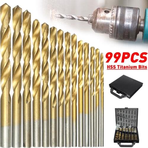 99pcs/lot 1.5mm-10mm Titanium Coated Twist Drill Bits HSS High Speed Drill Bit Set with Storage Case For Electrical Drill Tools
