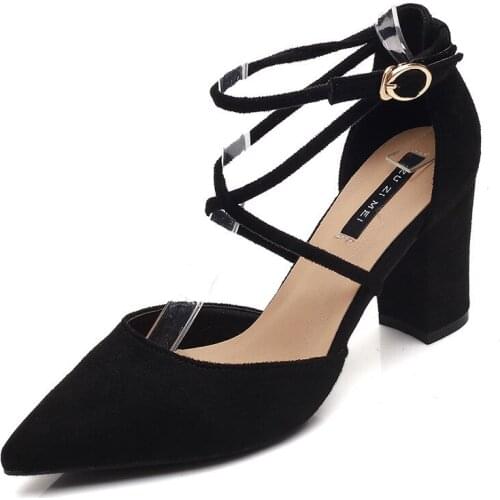 Women pumps Flock Buckle Strap 4CM 7CM Thick heel High heels Pointed Toe Shallow shoes for women women shoes 2020 size 35-42