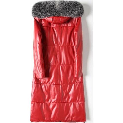 Genuine Sheepskin Leather Jacket Women Winter Warm Duck Down Long Hooded Jackets Real Fox Fur Collar Abrigos Plus Size