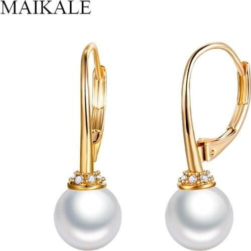 MAIKALE New Fashion 8mm Natural Pearl Earrings for Women Gold Silver Color Drop Earrings with Pearl Zirconia Party Jewelry Gifts