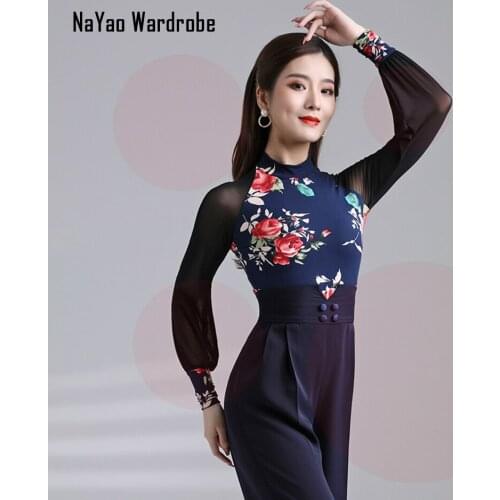 2021 New L2177A Women Latin Dance Tops Flooral Long Sleeve Latin Dancing Tops for Samba Tango Chacha Belly Performamnce