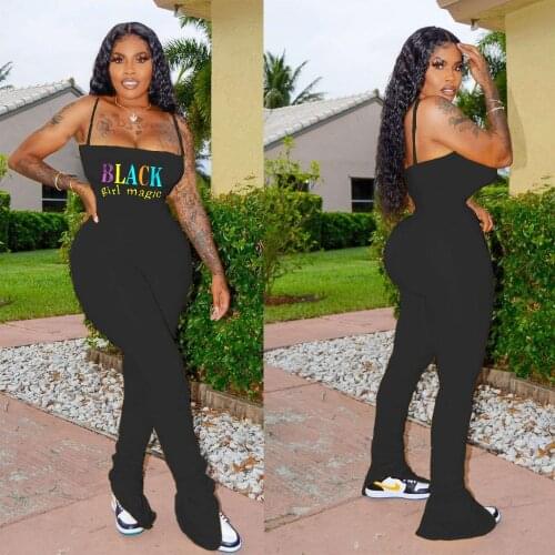 2020 Summer New Letter Printed Jumpsuit Fashion Slim Square Collar Sleeveless Womens Suspender Tank Top Pants Romper Women