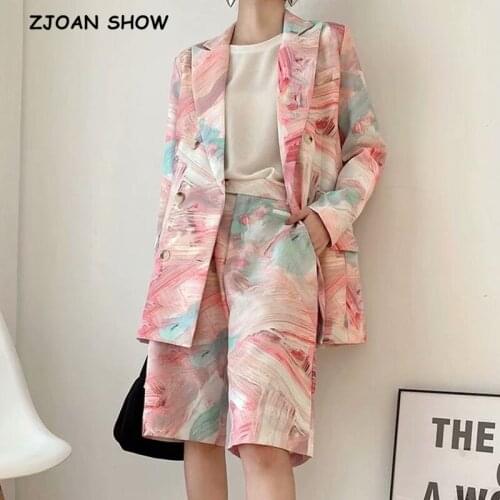 2021 70s Boyfriend Women Long Tie-dye Print Blazer Loose High Waist Knee Length Wide Leg Pants Long Sleeve Suits 2 Pieces Set