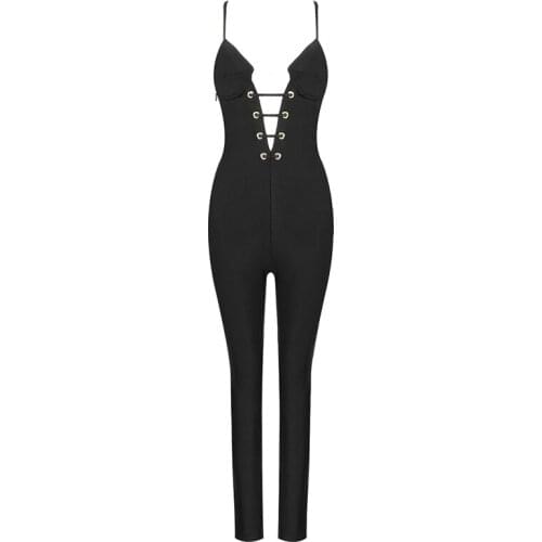 2021 New Women Jumpsuits Bandage Black Hollow Out Long Pants Bodycon Playsuits Overalls Party Club Celebrity Elegant Clothes