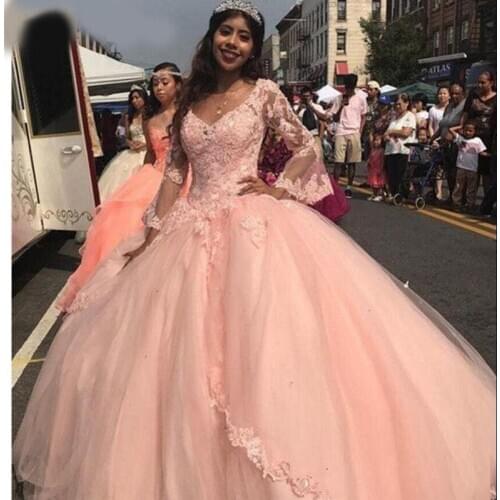 Pink Lace Long Sleeves Ball Gown Quinceanera Dresses Princess V Neck Sweet 16 Party Dress Lace Up Back Miss Pageant Prom Dress