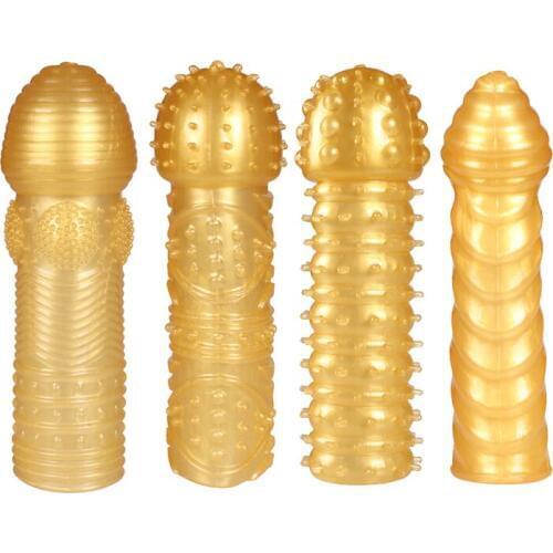 Golden Extra Fun Time Delay Crystal Penis Sleeves Cock Rings Silicone Condoms for Men, Adult Erotic Sex Toys for Couple