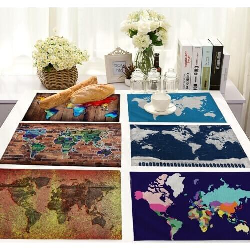 1Pcs World Map Printed Kitchen Placemat Dining Table Mat Tea Coaster Cotton Linen Pad Bowl Cup Mats 42*32cm Home Decor MAP0002
