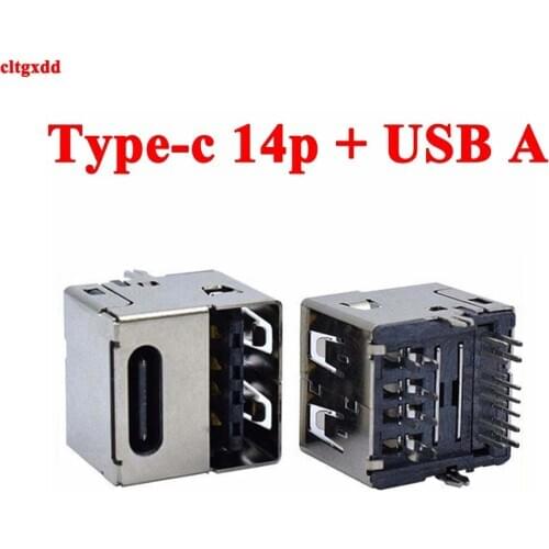 1Pcs Type-C 14P Female Socket Single-Sided Plug USB A Female Socket 180 Degree Vertical Plug PD Fast Charging 2 in 1 Car Dharger