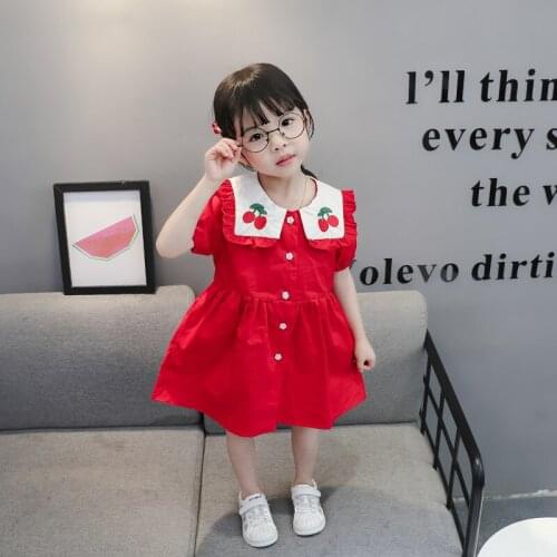 2021 Sweet Kids Dresses for Girls Toddler Girl Summer Outfits Cherry Embroidery Turndown Collar Short Sleeve Girls Dresses 0-5Y