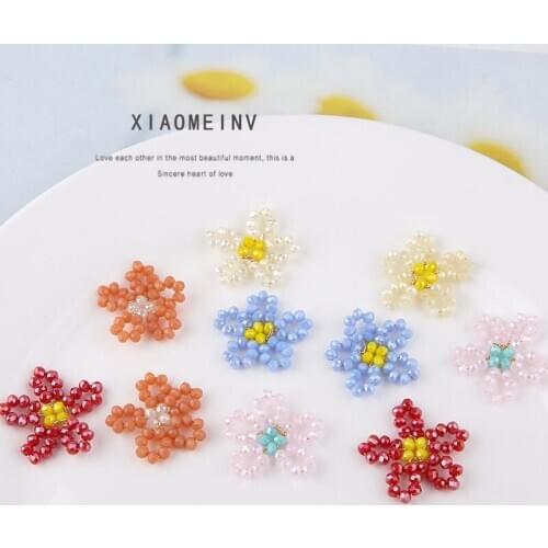 6pcs Korean Cute flower Earrings For women fresh sweet Crystal Beads Pendant Girl Copper Wire Braided Earrings Diy Accessories