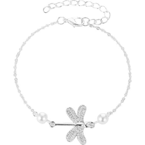 Fashion Animal Simulated Pearl Bright Silver Plated Dragonfly Alloy Charm Anklets For Women Foot Jewelry